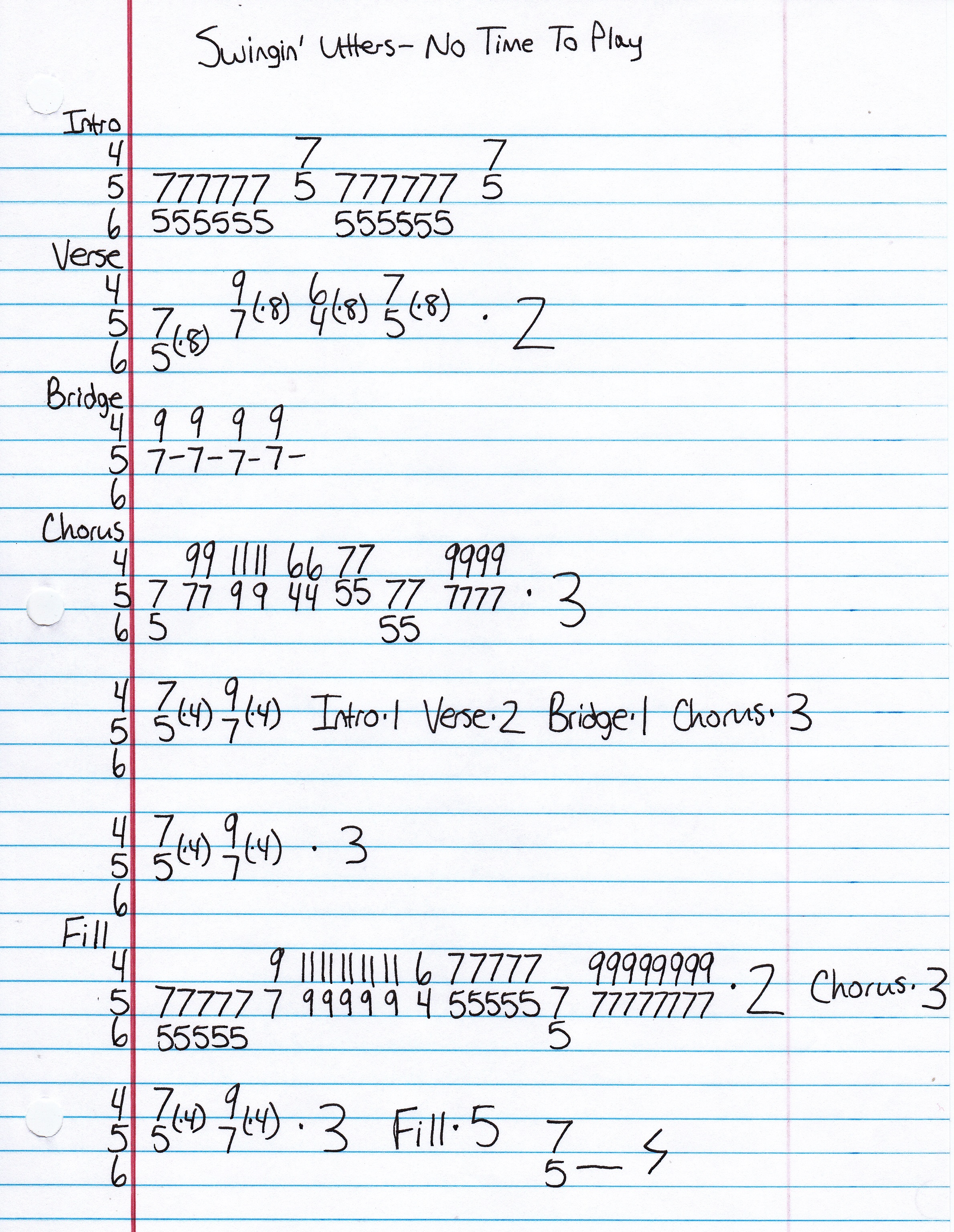 High quality guitar tab for No Time To Play by Swingin' Utters off of the album A Juvenile Product Of THe Working Class. ***Complete and accurate guitar tab!***